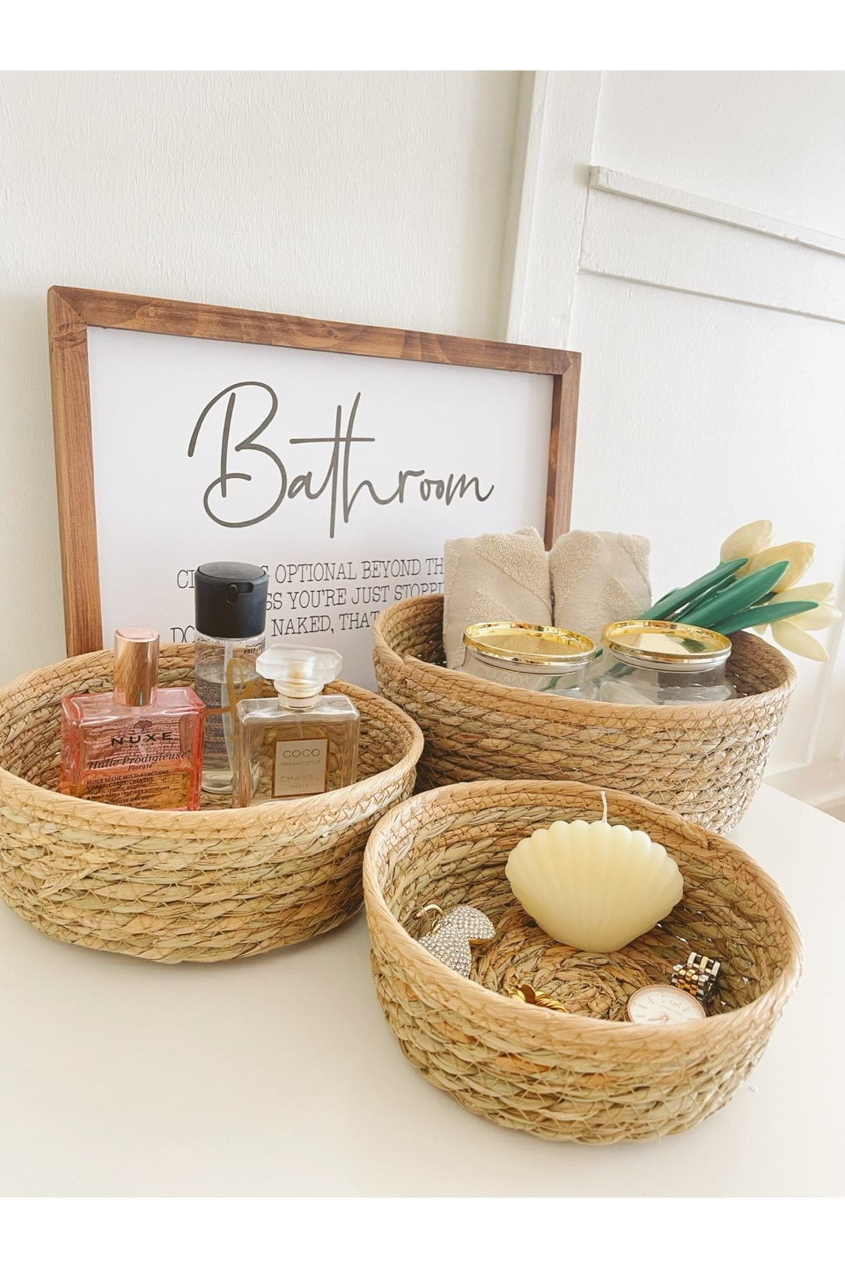 Doğal Hasır Örme 3lü Bej Şeritli Çok Amaçlı Hasır Sepet/banyo Düzenleyici