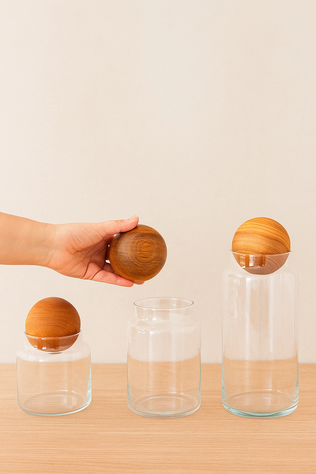 3’Lü Ahşap Top Kapaklı Cam Kavanoz Seti