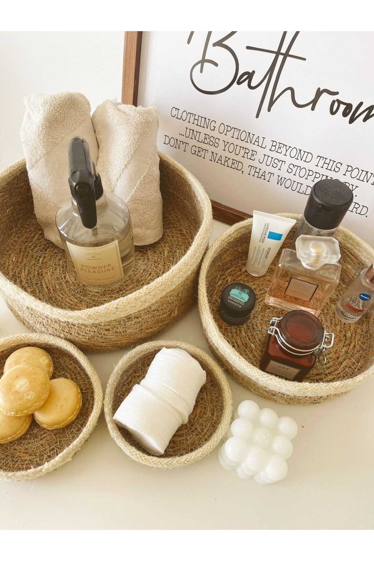 Doğal Hasır Örme 4lü Krem Şeritli Çok Amaçlı Hasır Sepet/banyo Düzenleyici