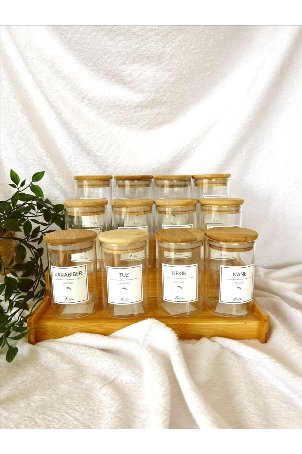Ahşap Merdiven Standlı 12li 300 ml Baharatlık 12 Adet Ahşap Kaşık