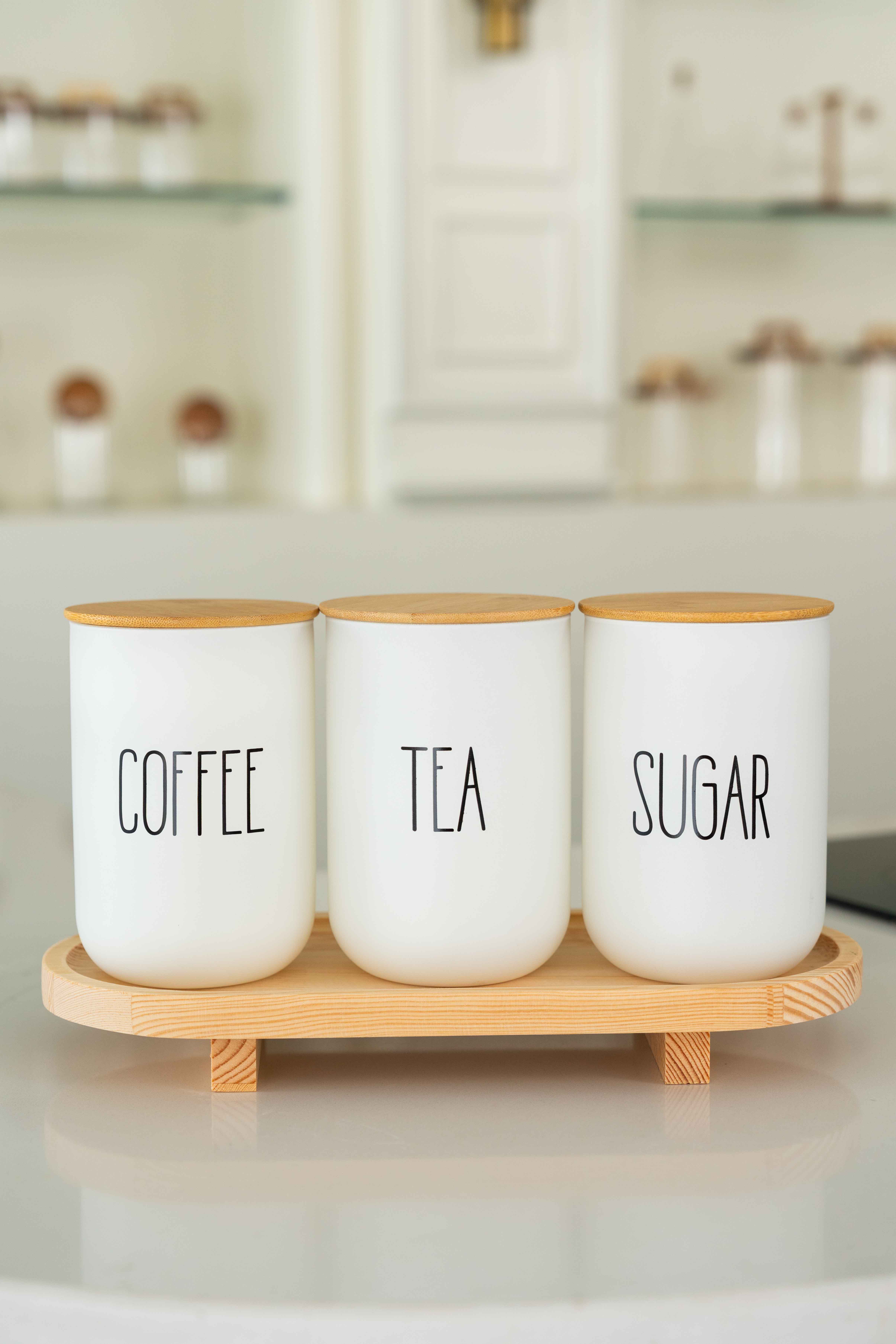 3lü Bambu Kapaklı Ahşap Ayaklı Altlıklı Çay/Kahve/Şeker Kavanozu Standlı