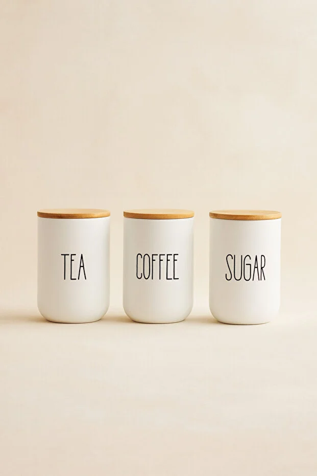 3lü Bambu Kapaklı Beyaz Çay/Kahve/Şeker Kavanozu