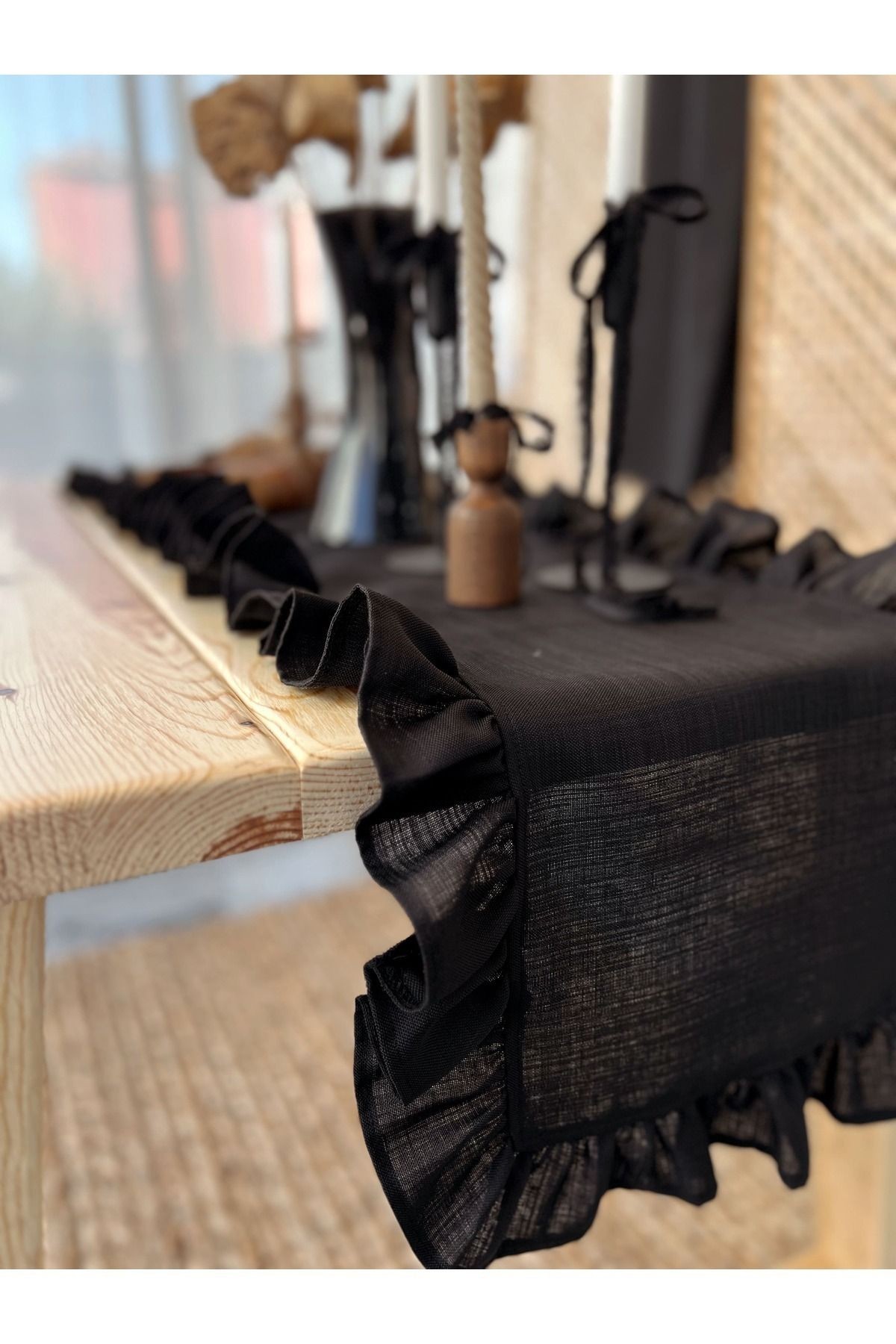 Fırfırlı Siyah %100 Keten Kumaş Runner 50cm X 155cm