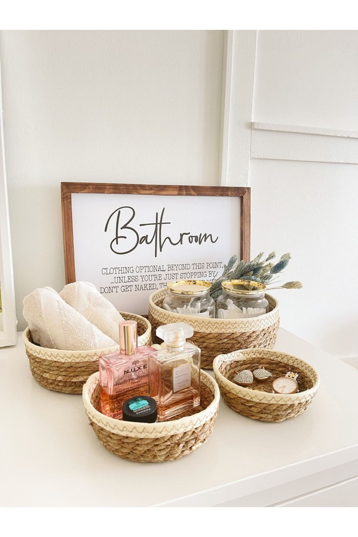 Doğal Hasır Örme 4lü Krem Şeritli Çok Amaçlı Hasır Sepet/banyo Düzenleyici