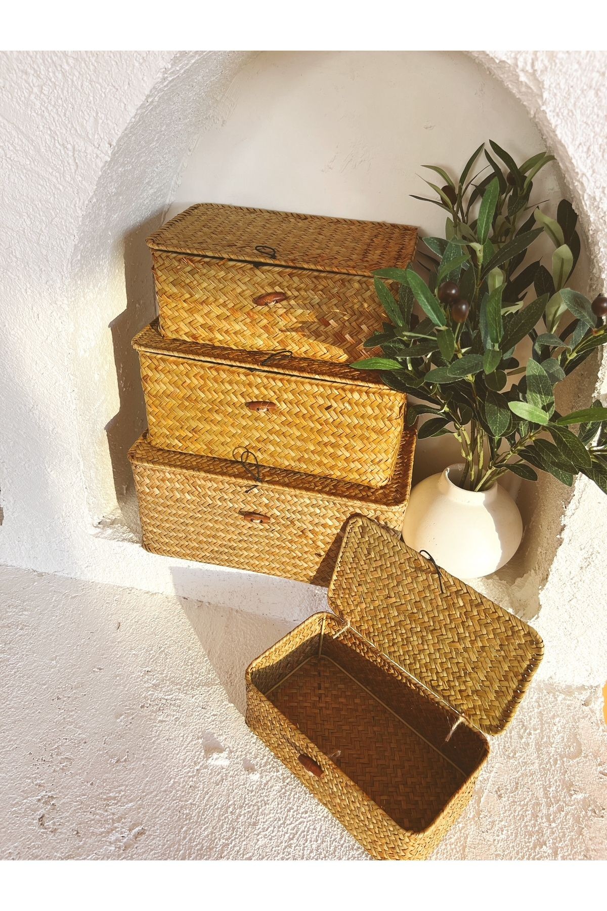 Bambu/Rattan 4lü Çok Amaçlı Hasır Düzenleyici/Organizer/Sepet/Banyo Düzenleyici