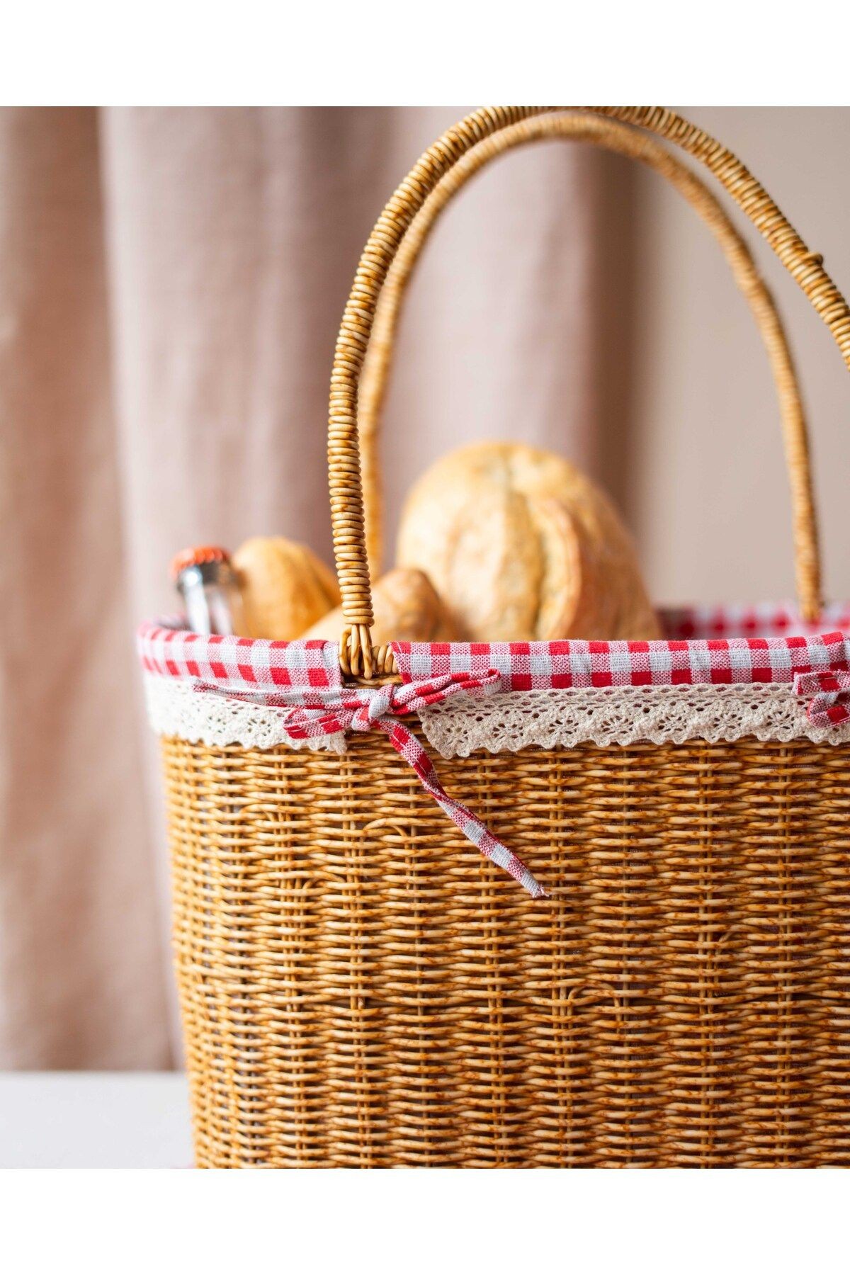 Rattan İç Korumalı Piknik Sepeti / Çanta Açık Renk