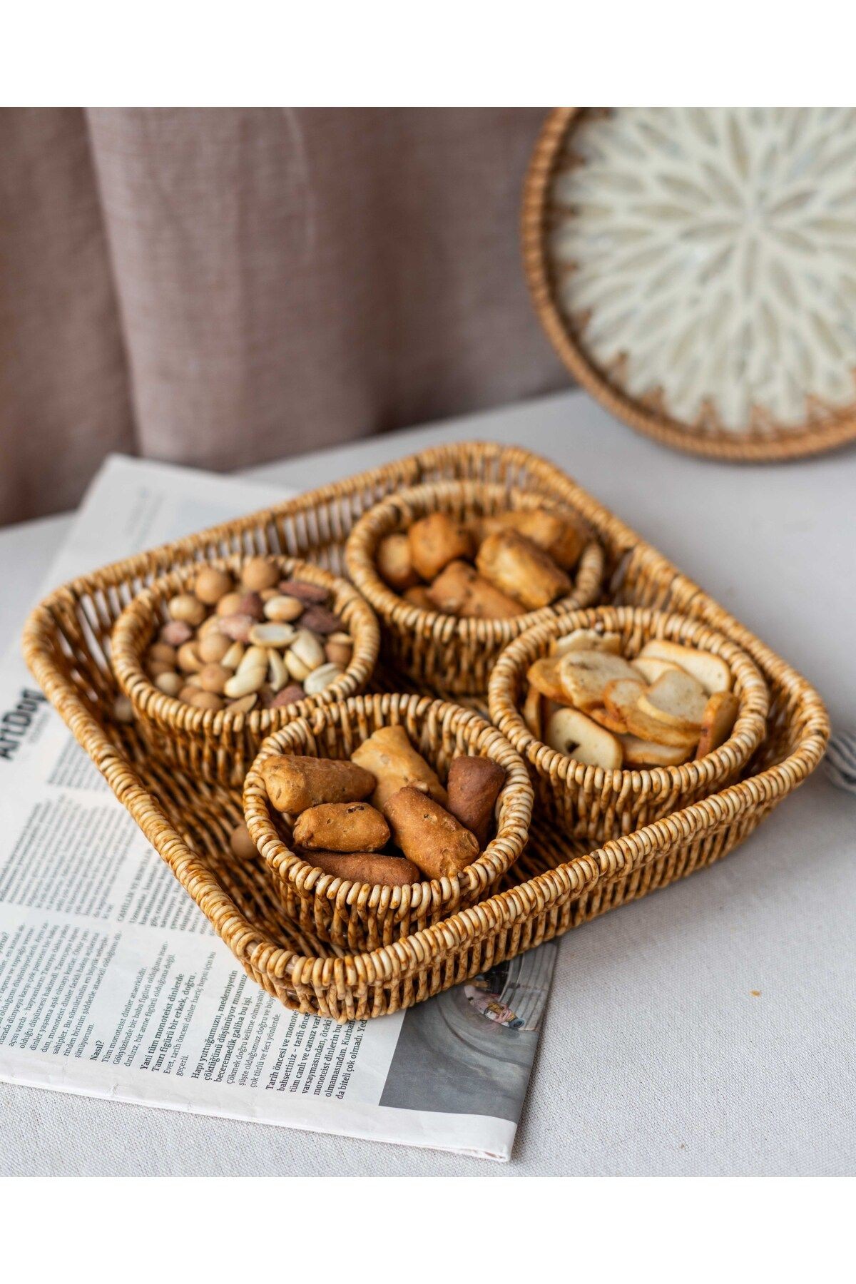 5 Parça Rattan Görünümlü Çerezlik / Sunumluk / Piknik Seti