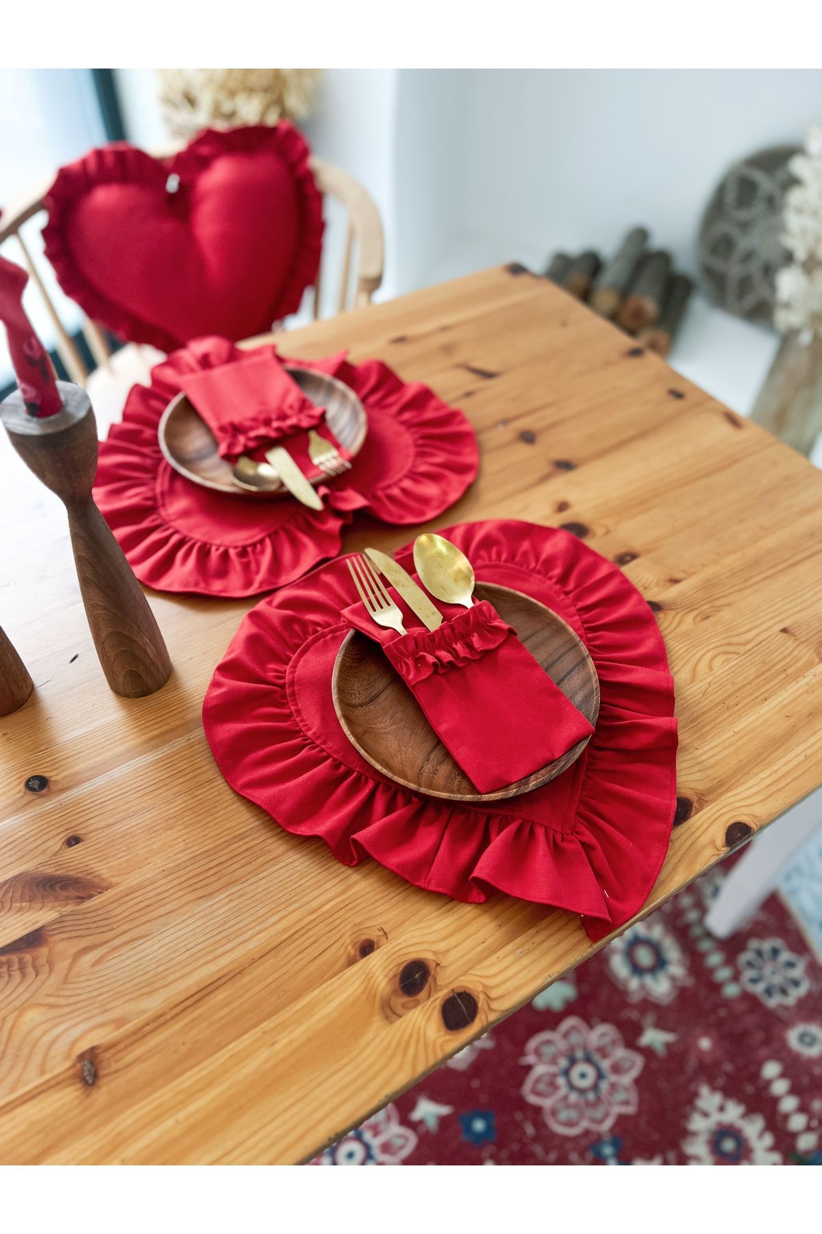 Lovely Kalp Fırfırlı Keten Supla / Amerikan Servis 4Lü