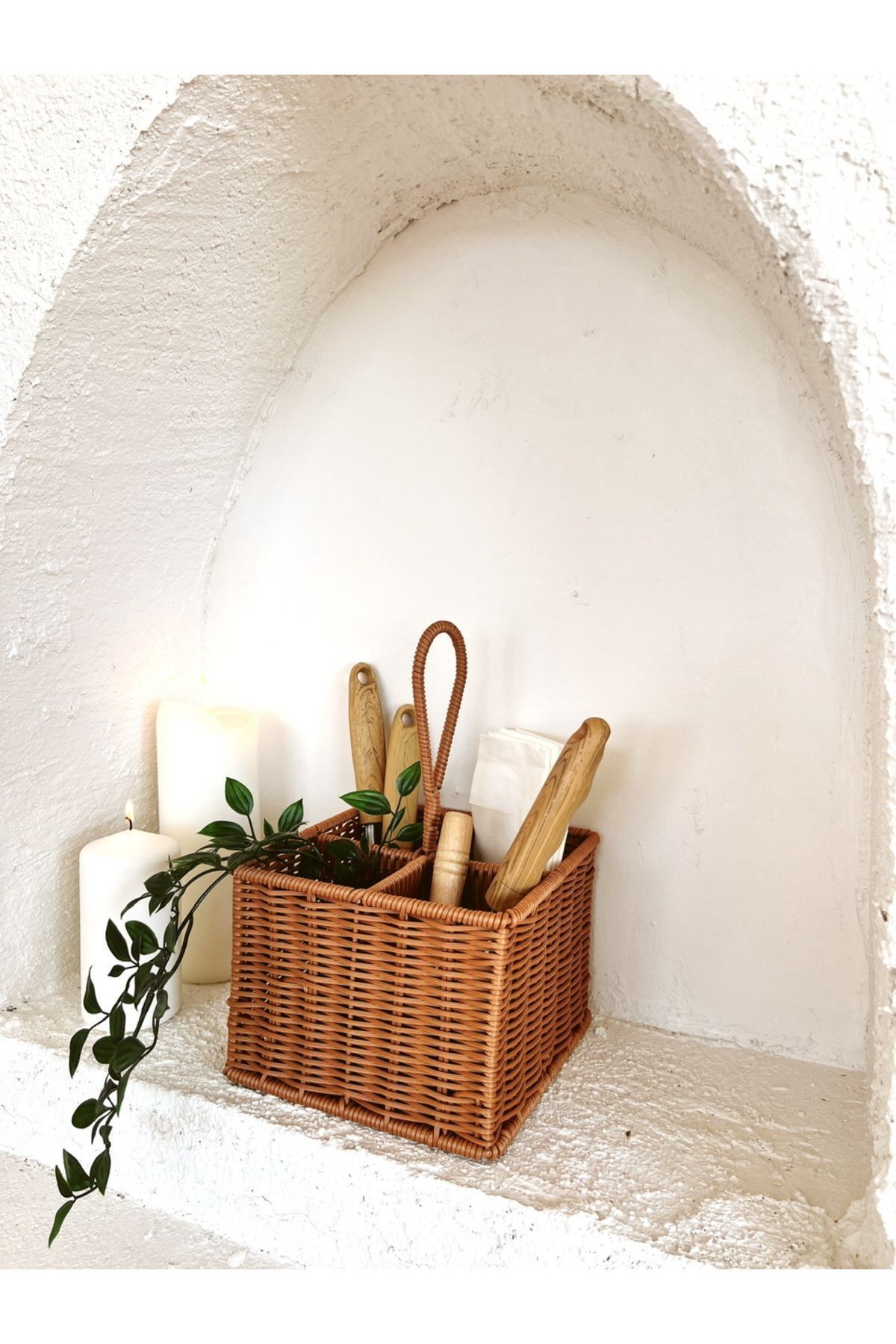 Rattan Kare Dört Bölmeli Kaşıklık/Organizer