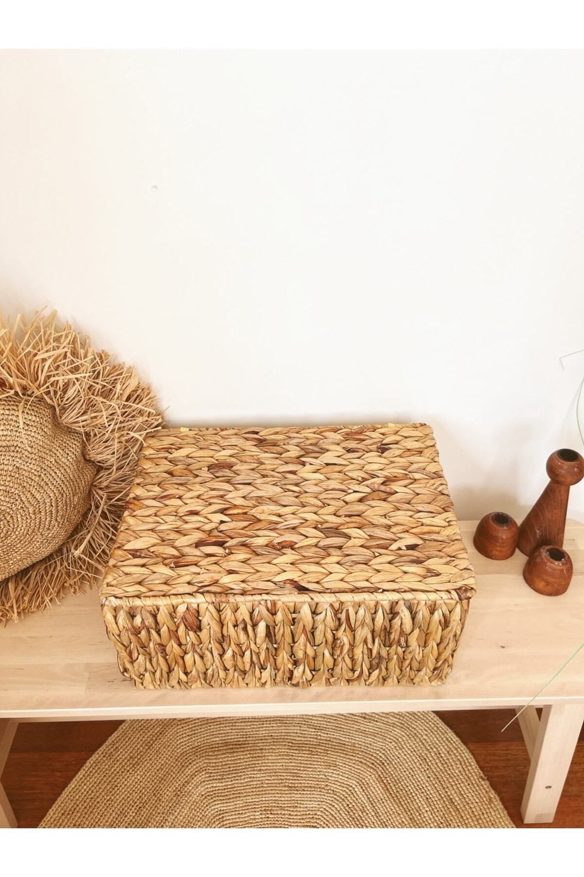 Hasır Su Sümbülü Kapaklı 40x29x19cm Dikdörtgen Düzenleyici/Sepet/Organizer