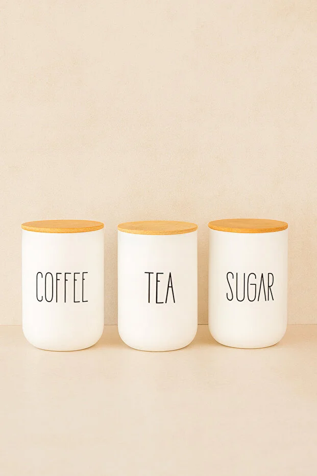 3lü Bambu Kapaklı Beyaz Çay/Kahve/Şeker Kavanozu