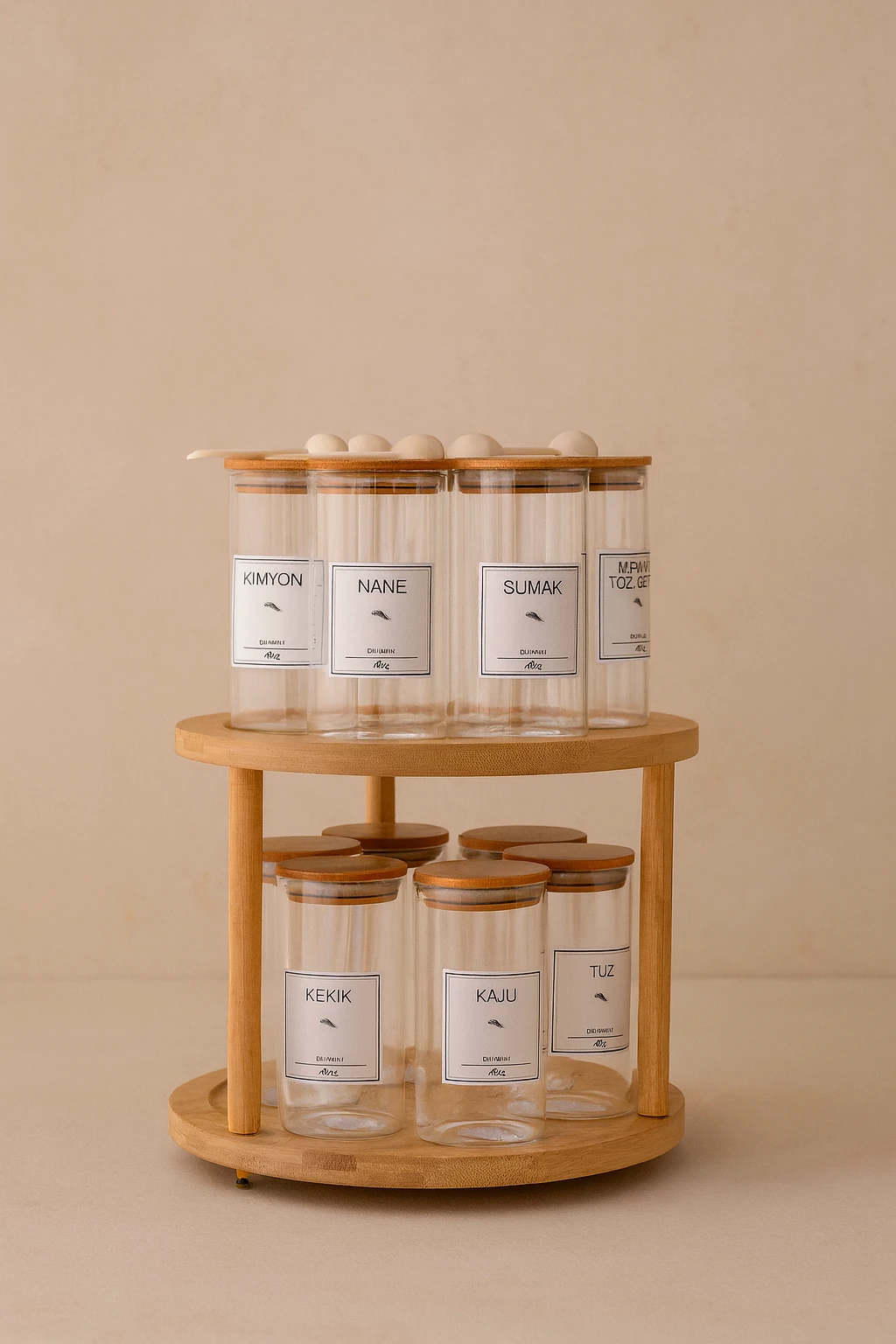 12li Ahşap Döner Standlı Baharat Seti 300ml 12 Adet Ahşap Kaşık