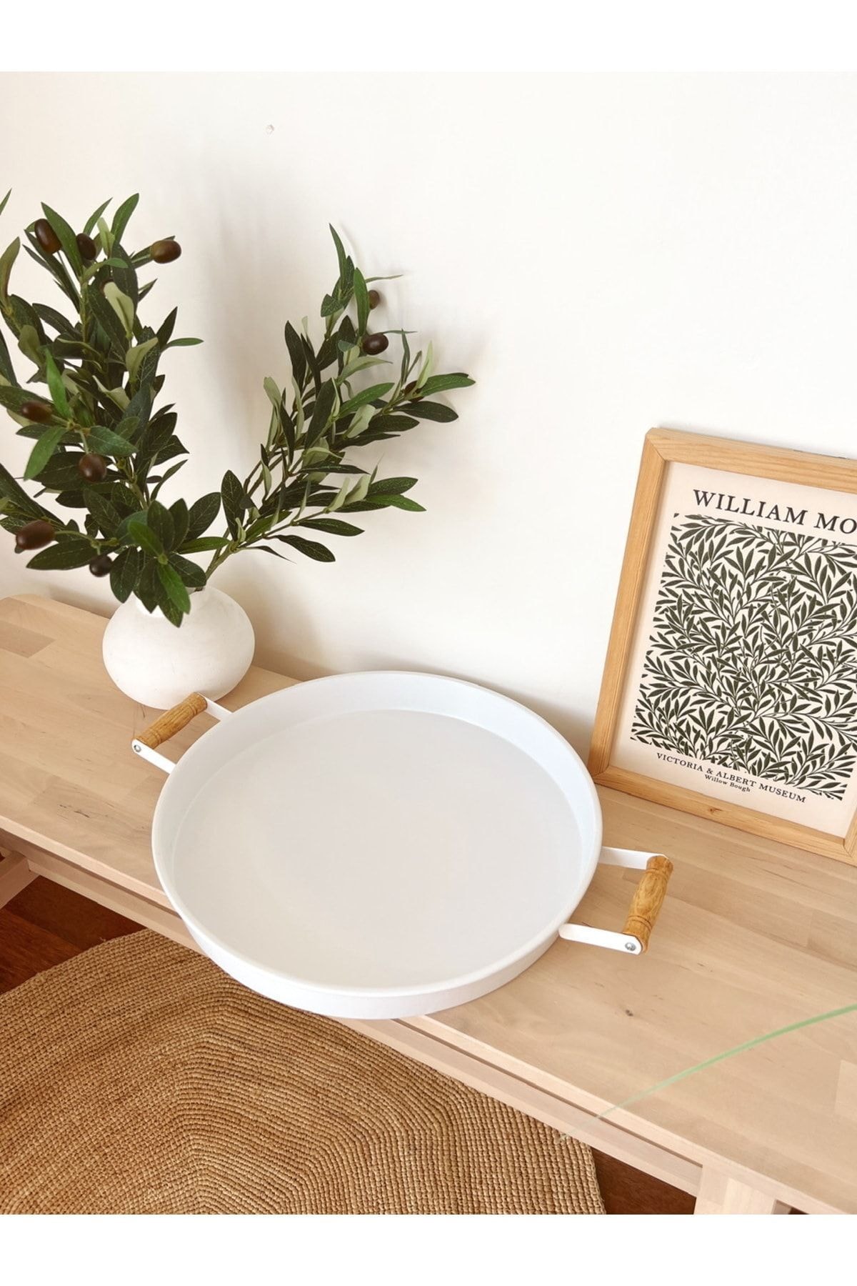 Country Tarzı 47cm Ahşap Kulplu Yuvarlak Büyük Boy Beyaz Tepsi