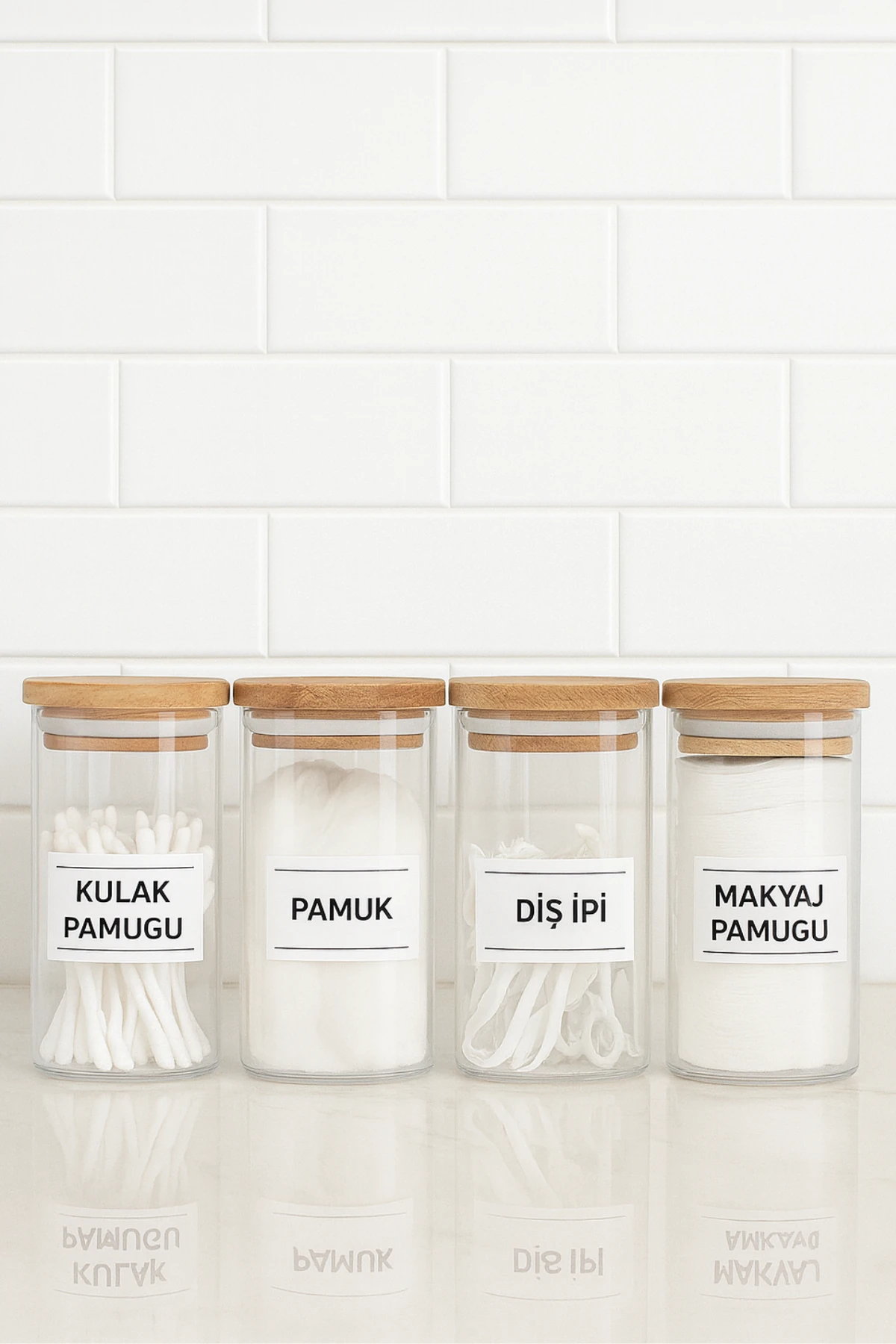 4'lü Cam Banyo Düzenleme Kavanoz Seti - Kulak Pamuğu, Makyaj Pamuğu, Pamuk, Diş İpi Saklama Kabı 