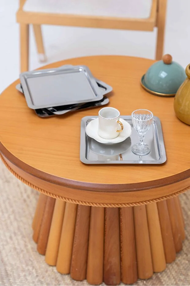 6'Lı Gümüş Parlak Kare Paslanmaz Çelik Kahve Servis ve Sunum Tepsisi Seti