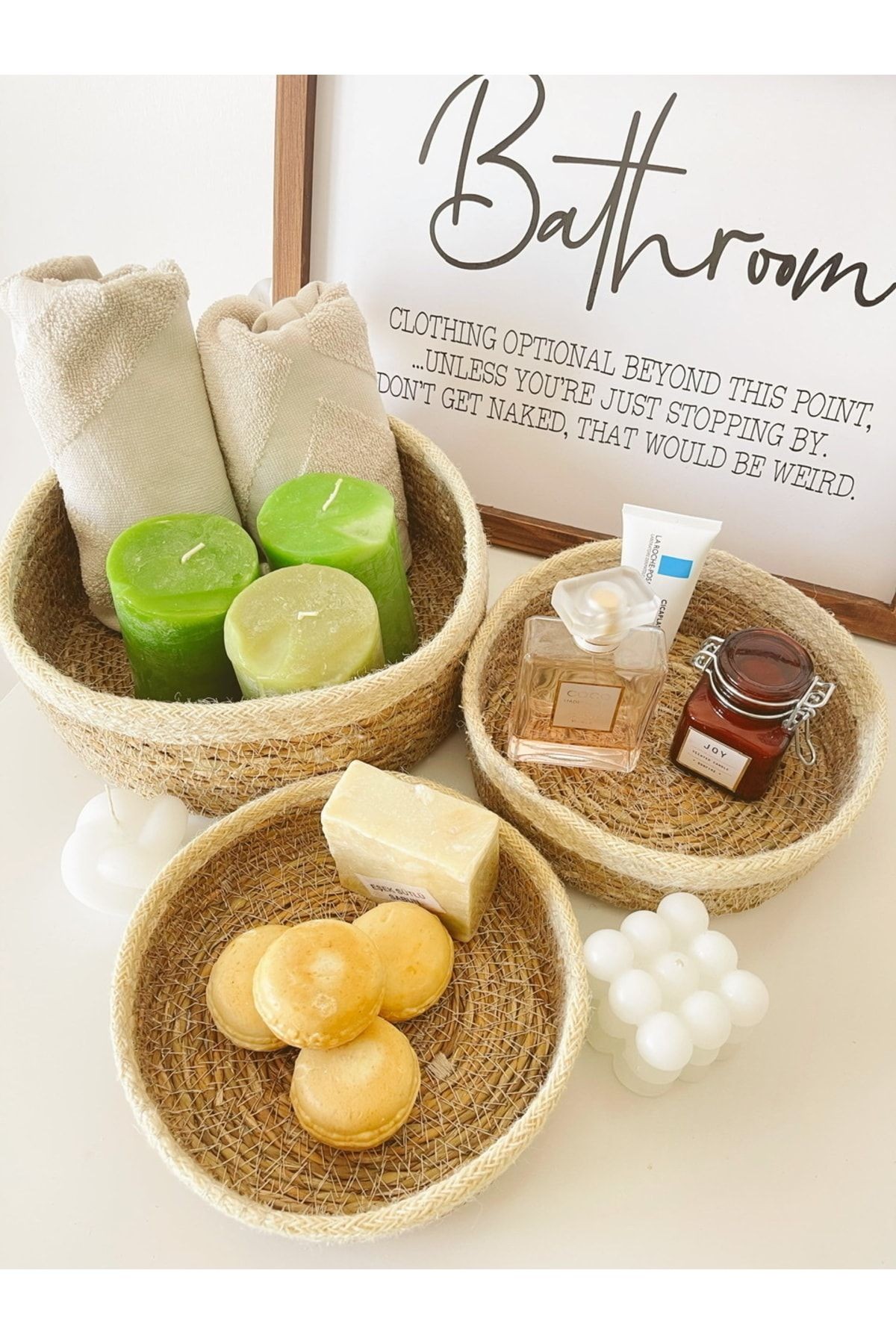 Doğal Hasır Örme 3lü Krem Şeritli Çok Amaçlı Hasır Sepet/banyo Düzenleyici