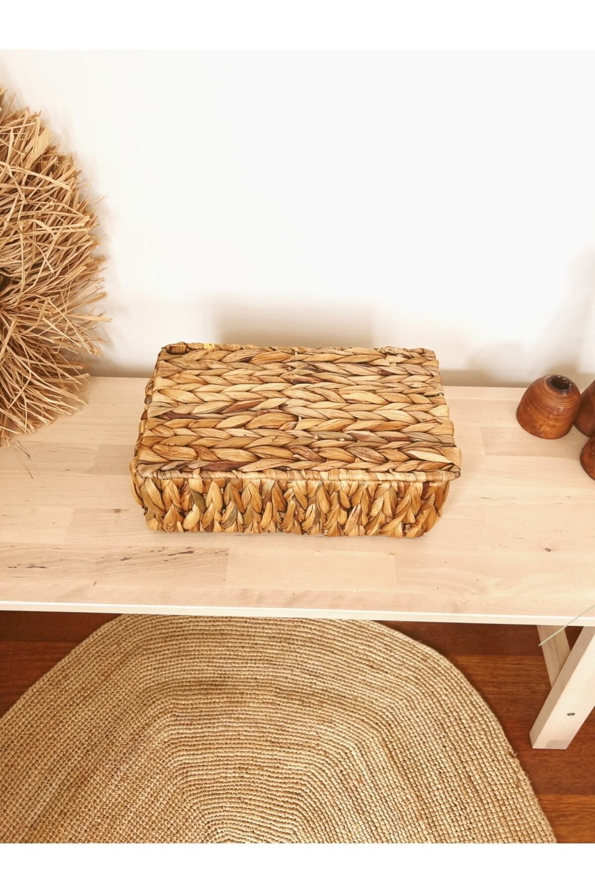 Hasır Su Sümbülü Kapaklı 27x17x10cm Dikdörtgen Düzenleyici/Sepet/Organizer