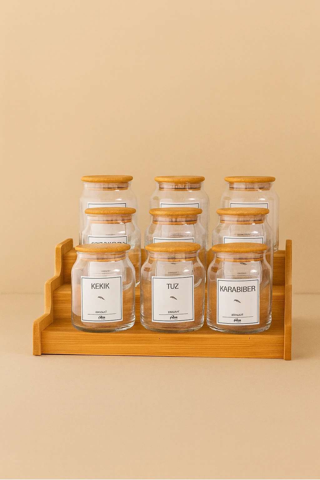 9 Lu Bambu Vakum Kapaklı, Etiketli, Merdiven Standlı Cam Baharat Seti