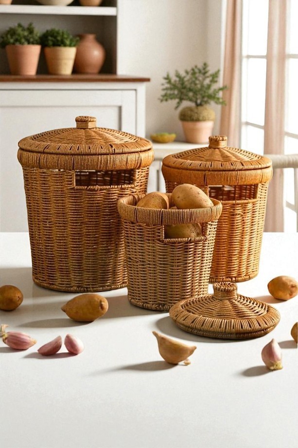 3’lü Rattan Patates Soğan Sarımsak Sepeti Seti – Kapaklı Dekoratif Sebzelik & Düzenleyici