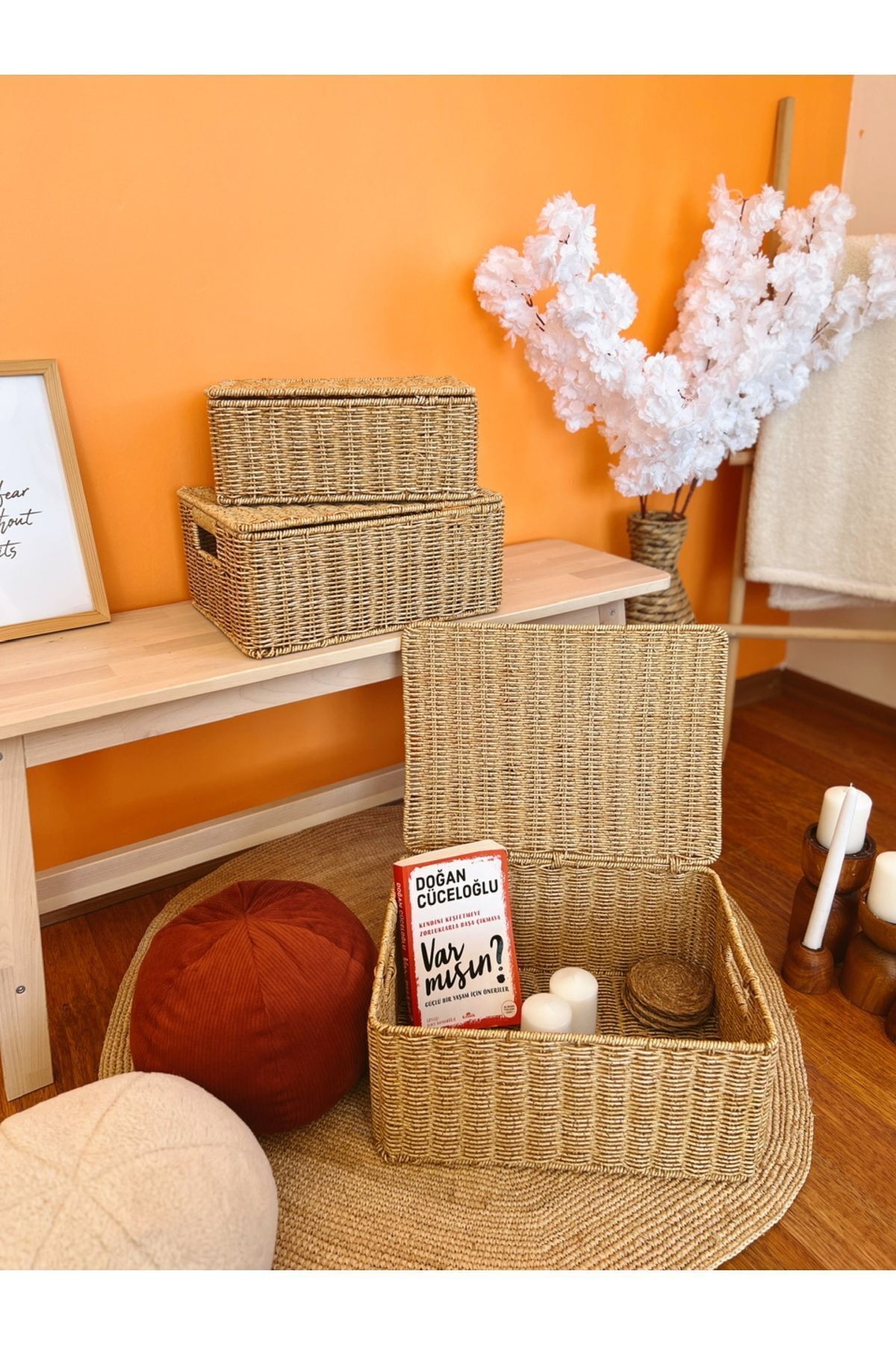 Bambu/Rattan 3lü Çok Amaçlı Hasır Düzenleyici/Organizer/Sepet/Banyo Düzenleyici