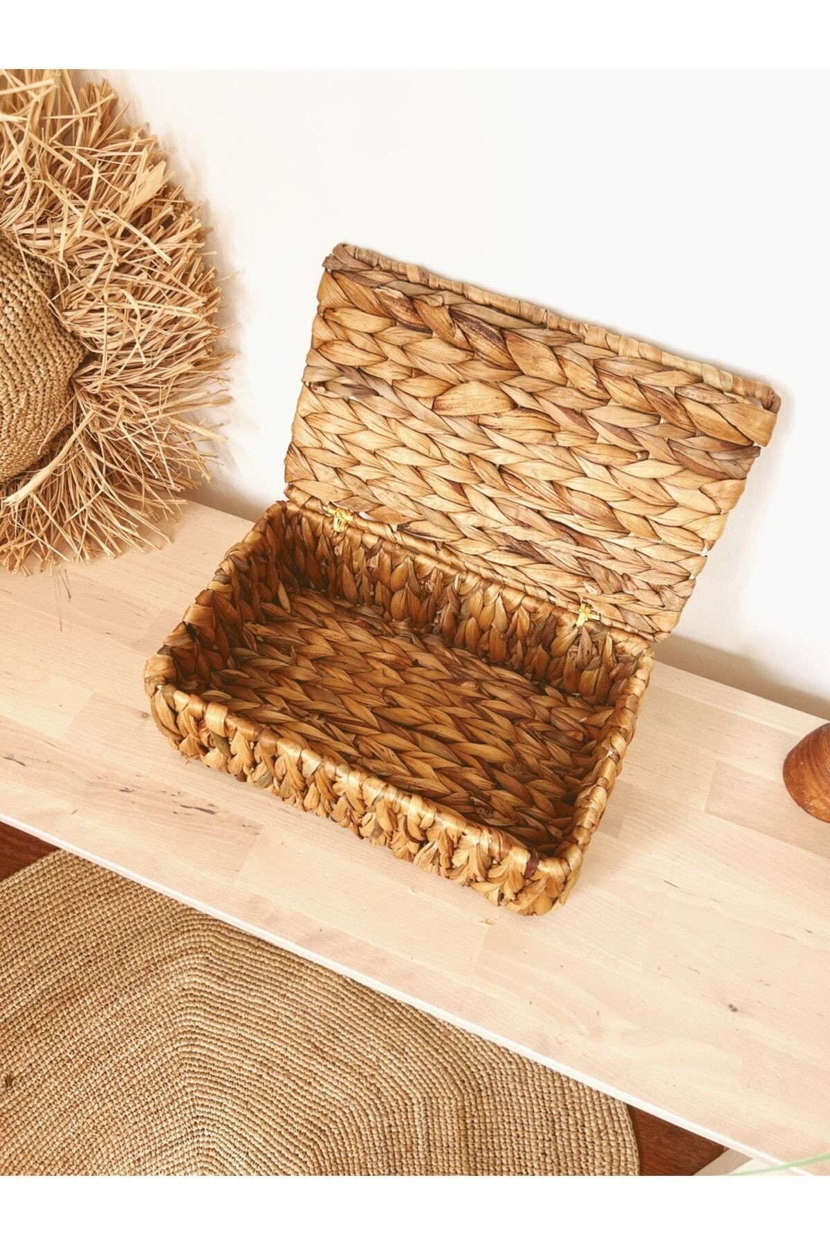 Hasır Su Sümbülü Kapaklı 27x17x10cm Dikdörtgen Düzenleyici/Sepet/Organizer