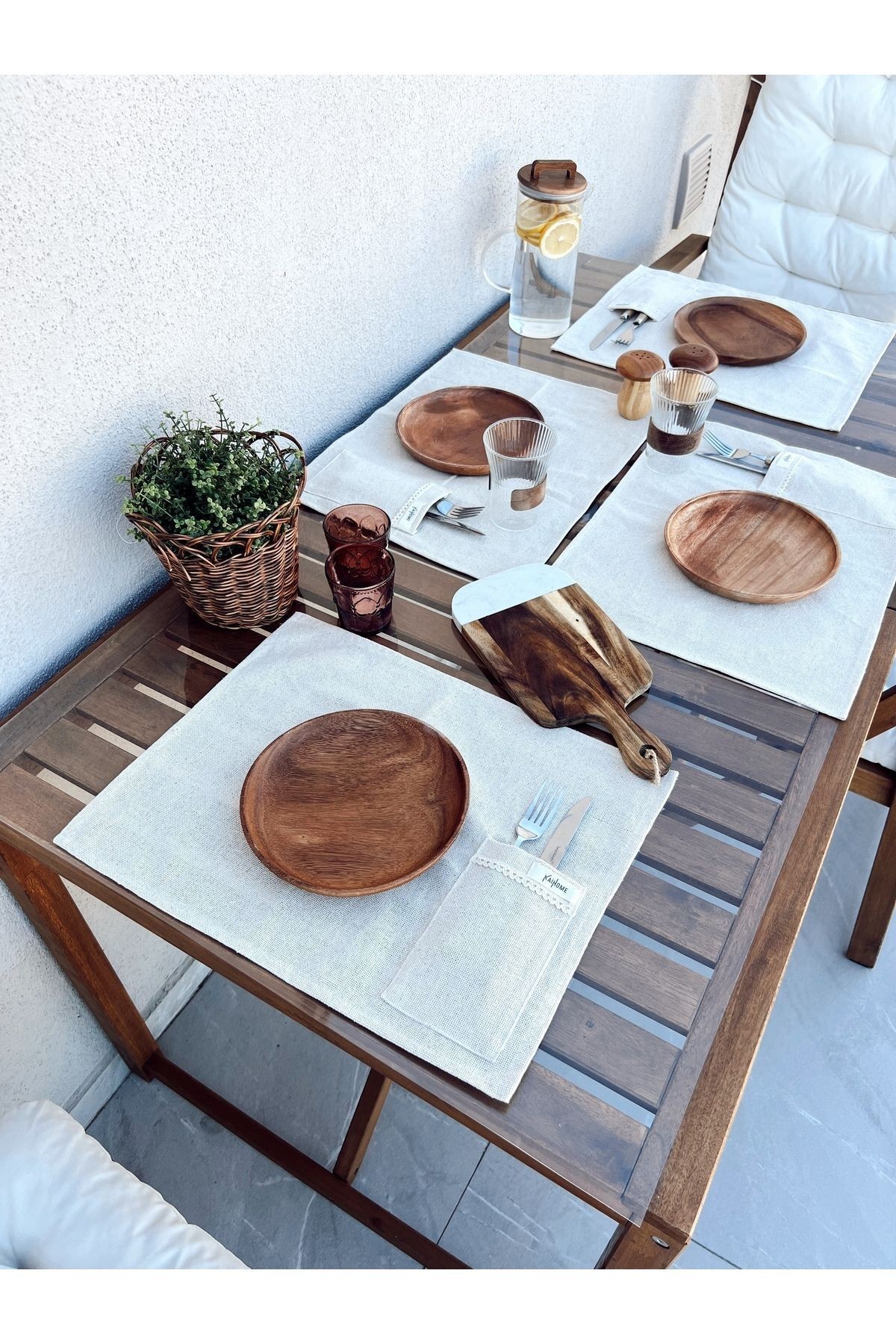 4Lü %100 Ham Keten Kaşıklık Detaylı Amerikan Servis/ Supla