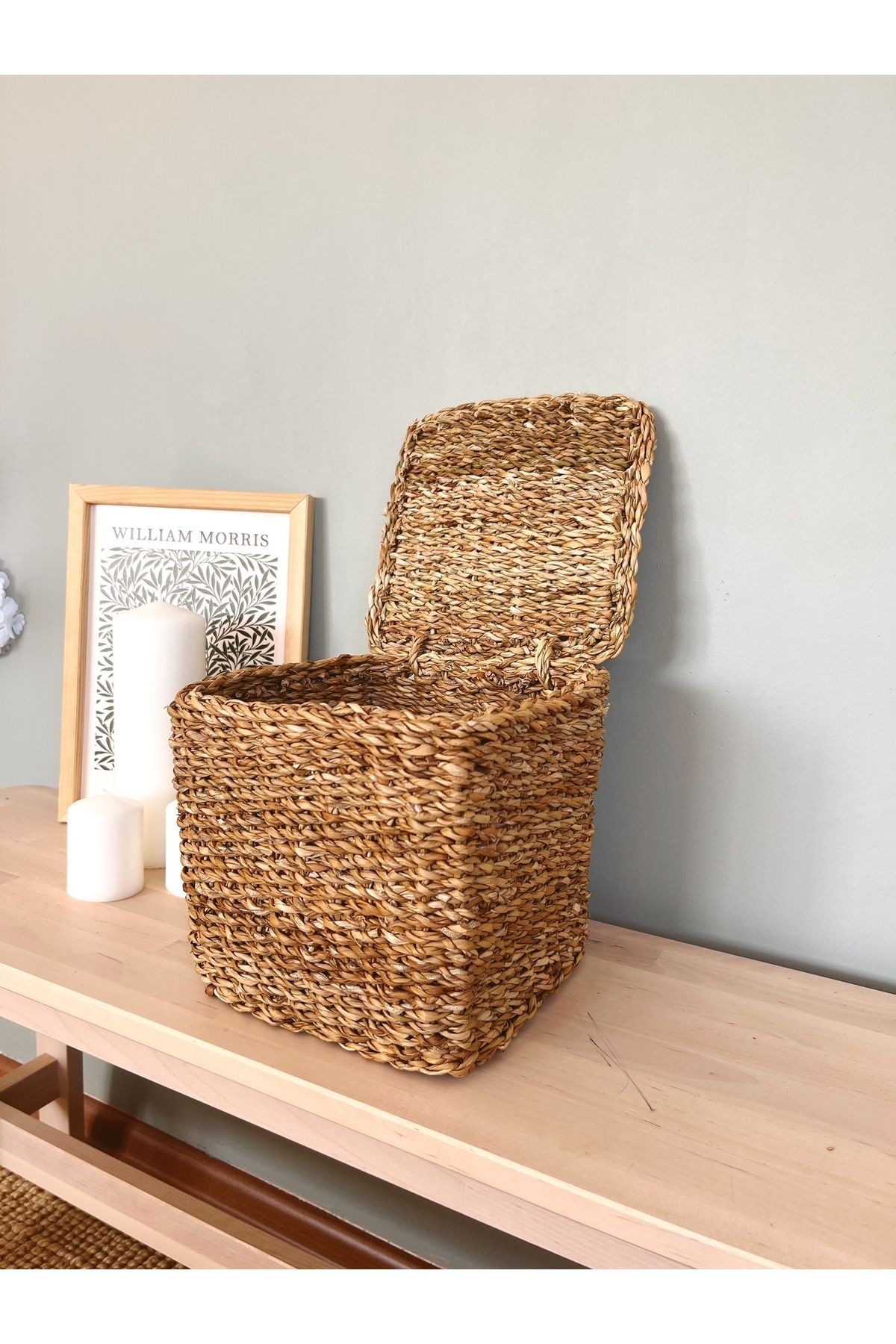 Haki Hasır Kapaklı Derin 20X20X20CM Kare Düzenleyici/Sepet/Organizer 30 x 30 Hasır Orta (26-50 çap)