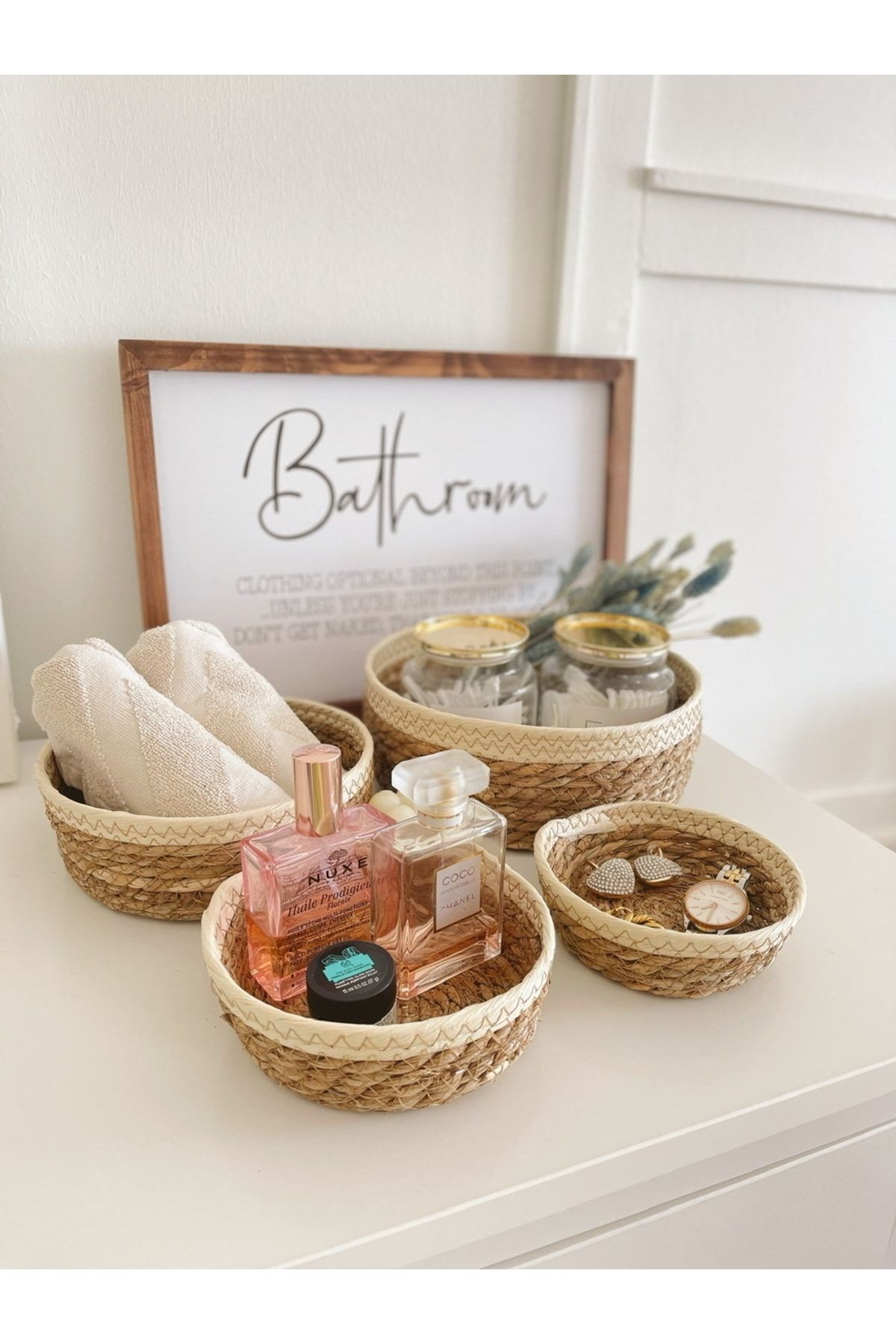 Doğal Hasır Örme 4lü Krem Şeritli Çok Amaçlı Hasır Sepet/banyo Düzenleyici