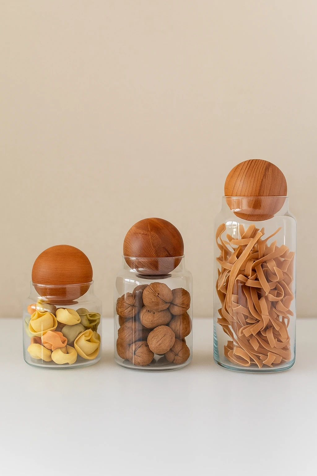3’Lü Ahşap Top Kapaklı Cam Kavanoz Seti