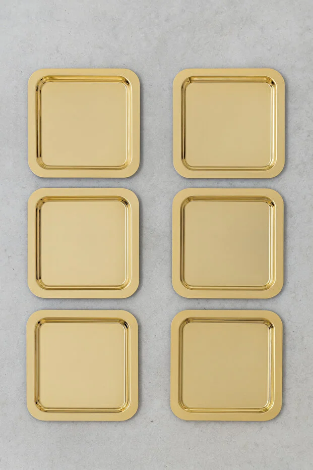 6'Lı Gold Parlak Kare Paslanmaz Çelik Kahve Servis ve Sunum Tepsisi Seti
