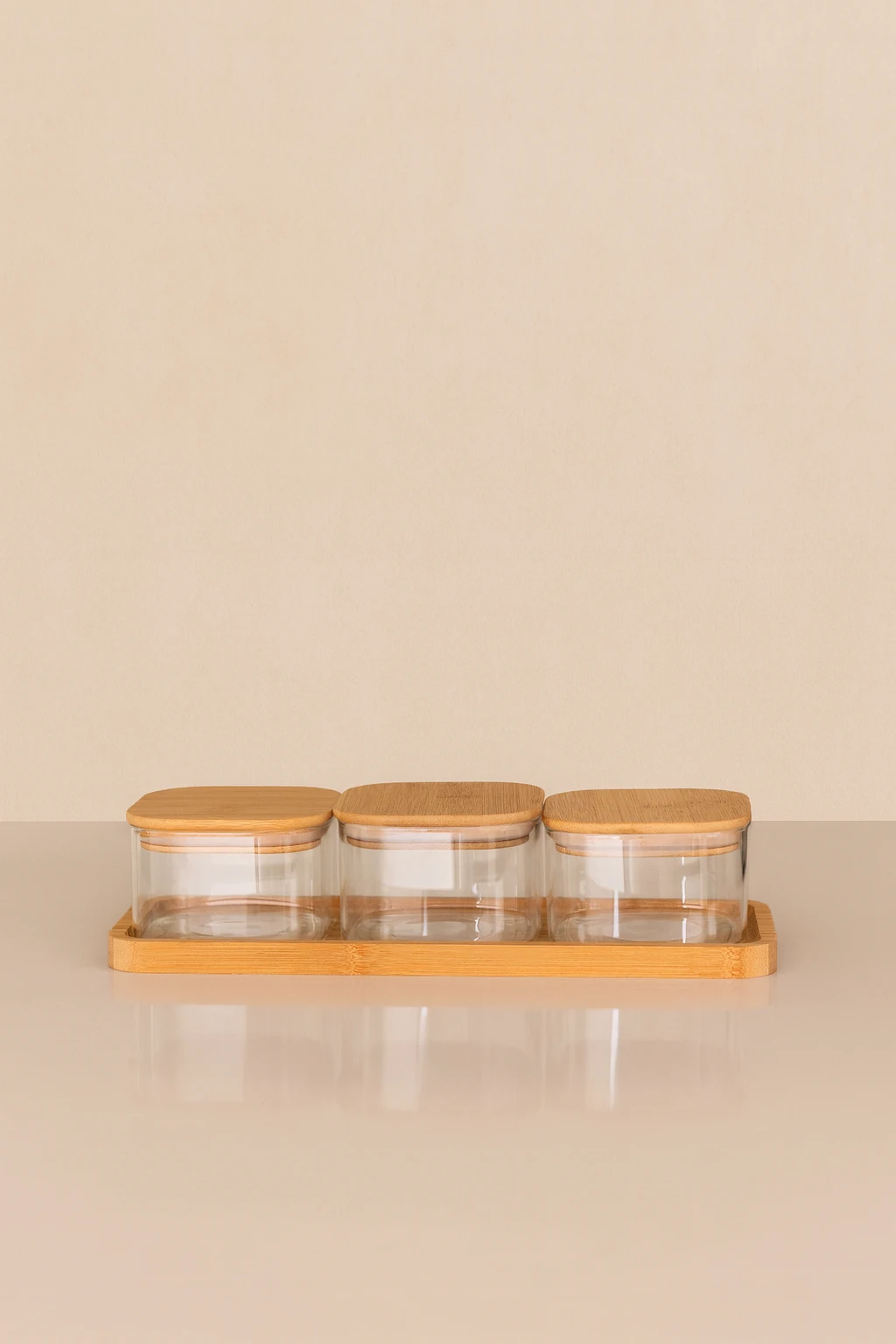 3’lü Doğal Bambu Kare Kapaklı Cam Kavanoz Kahvaltılık,Saklama Kabı Ahşap Standlı,Kavanoz Seti