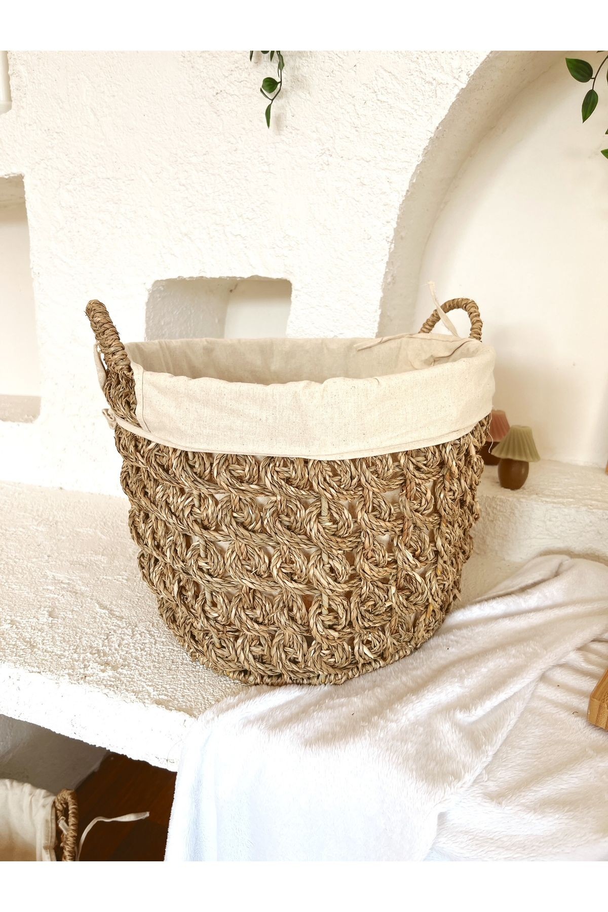 Hasır İç Korumalı Kulplu Sağlam 31X22 Düzenleyici/Sepet/Organizer/Saksı