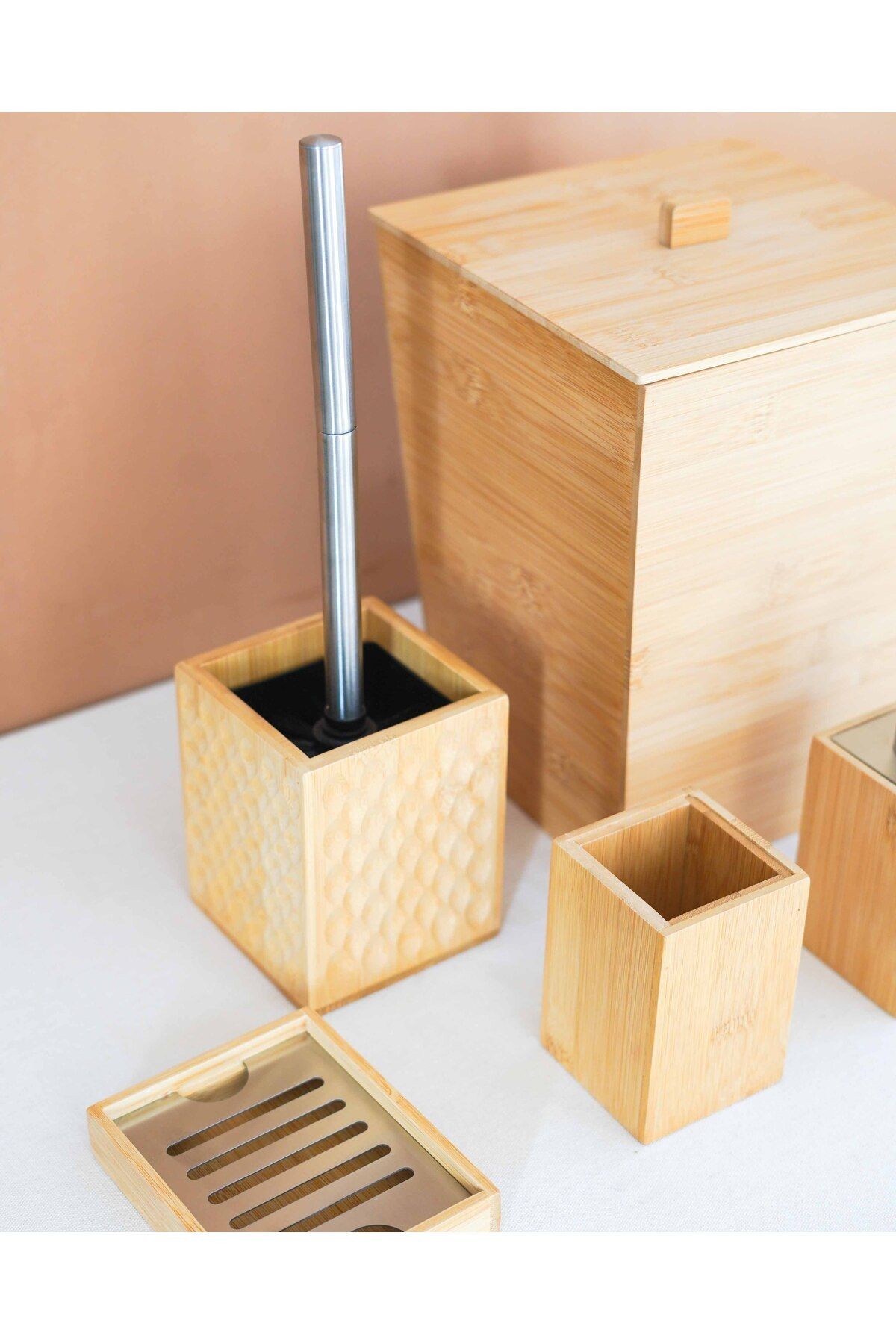 Doğal Bambu 5'li Banyo Seti -Çöp Kovası / Sıvı Sabunluk / Diş Fırçalık Kutusu Banyo Seti