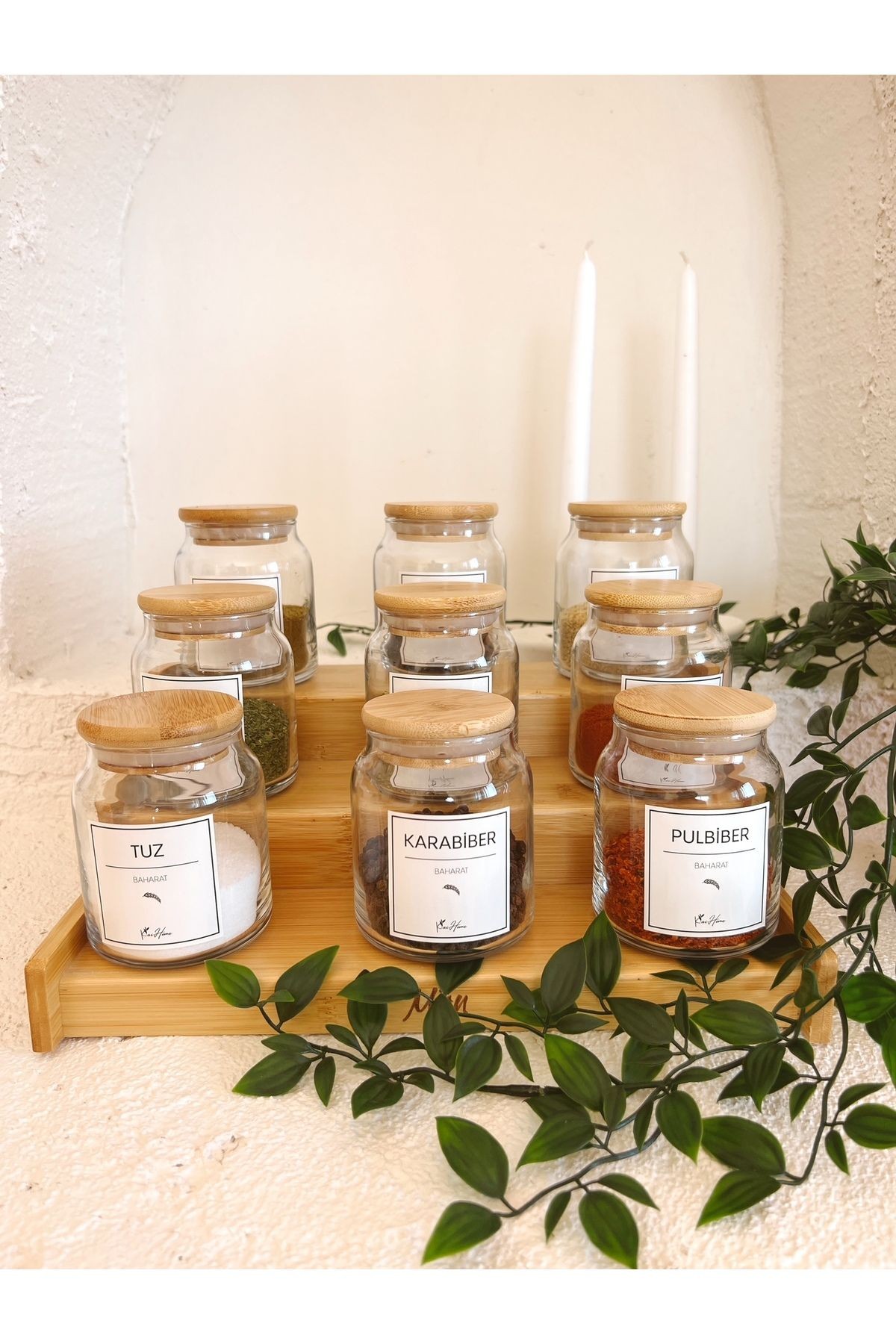 Bambu Vakum Kapaklı, 300 - 399 ml Etiketli 12Li Cam Baharat Seti Cam