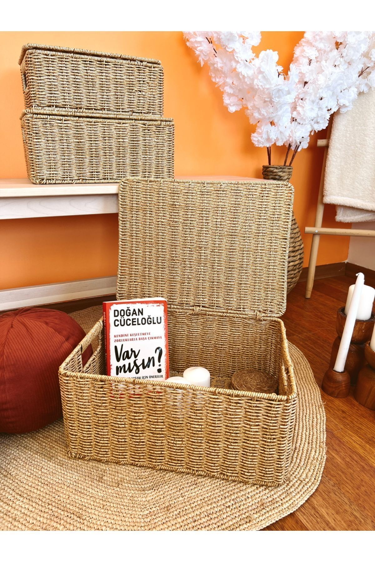 Bambu/Rattan Büyük Boy Çok Amaçlı Hasır Düzenleyici/Organizer/Sepet/Banyo Düzenleyici