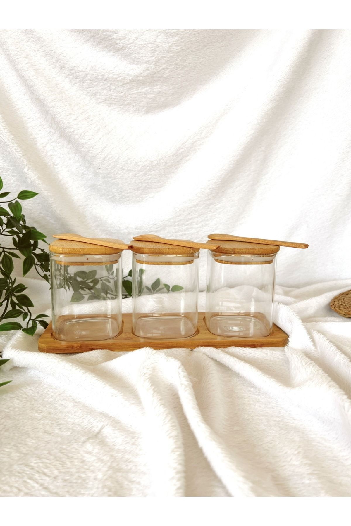Ahşap Standlı Ve Kaşıklı 3lü Kapaklı Vakumlu 500ml Kavanoz/baharatlık