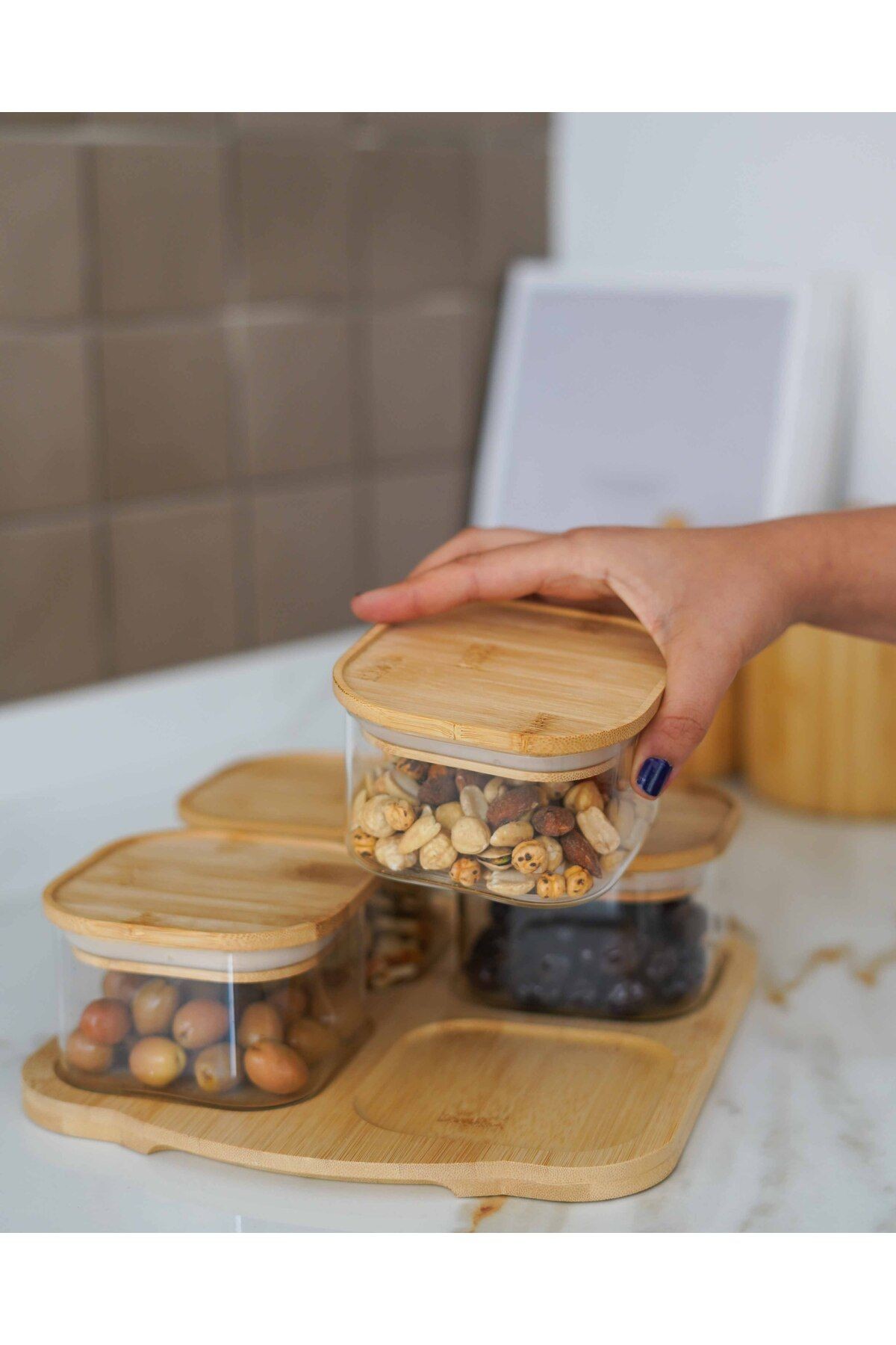 Bambu Tepsili ve Bambu Vakum Kapaklı 4Lü Cam Kahvaltılık