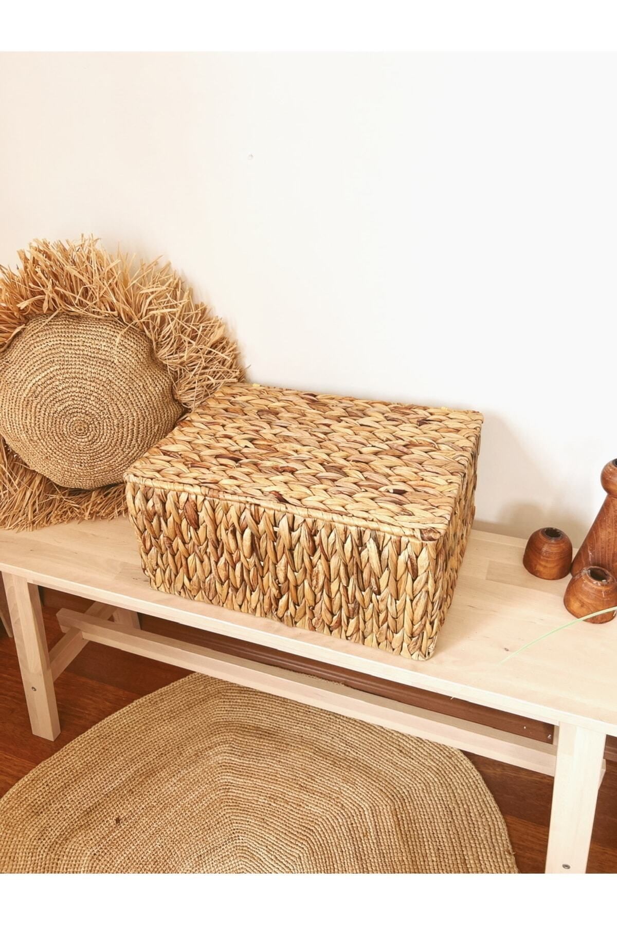 Hasır Su Sümbülü Kapaklı 40x29x19cm Dikdörtgen Düzenleyici/Sepet/Organizer