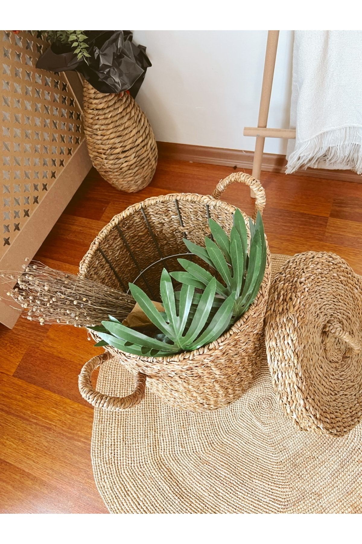 Hasır Kapaklı Ve Kulplu Çamaşır Sepeti/düzenleyici Naturel