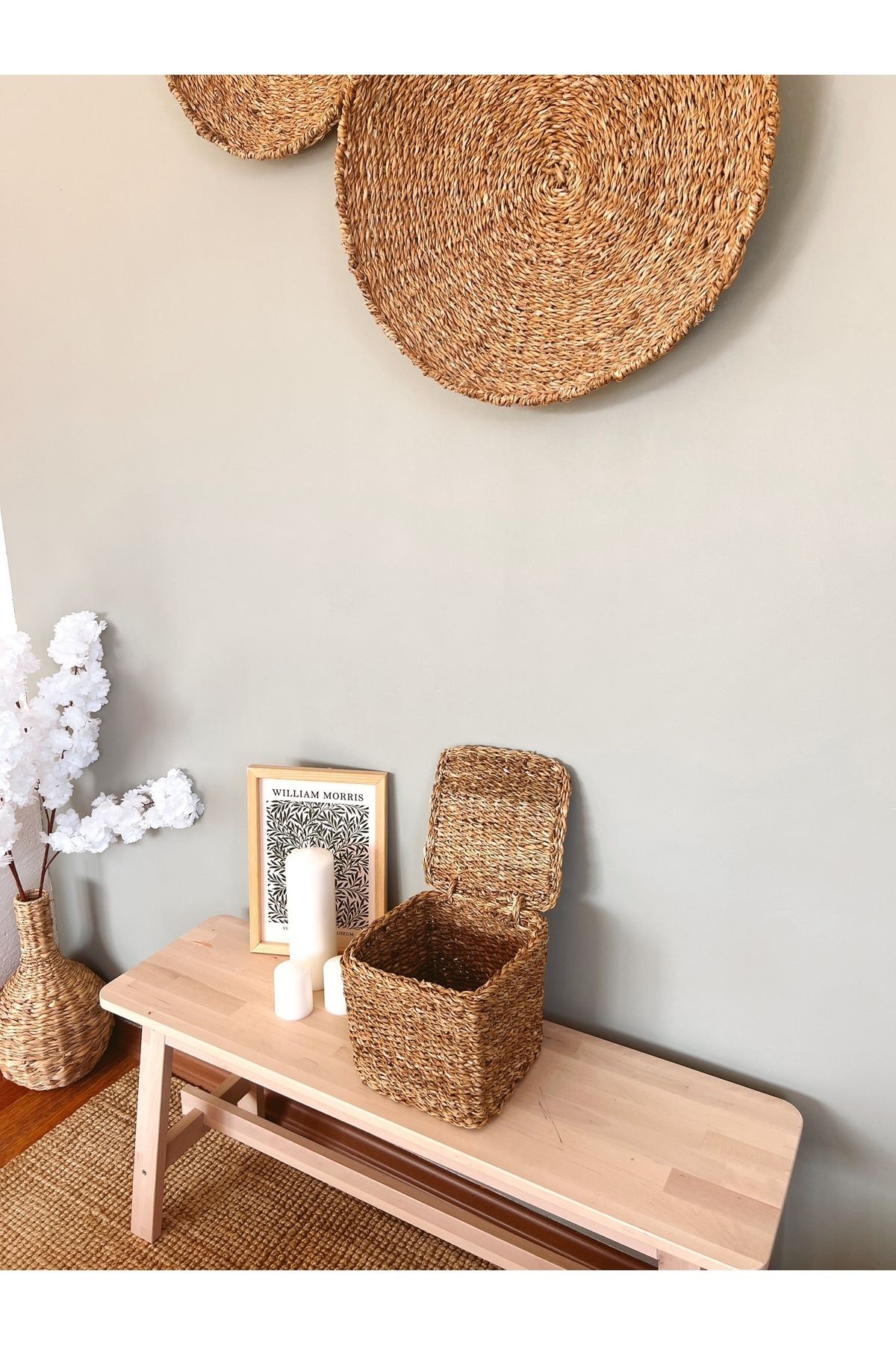 Haki Hasır Kapaklı Derin 20X20X20CM Kare Düzenleyici/Sepet/Organizer 30 x 30 Hasır Orta (26-50 çap)