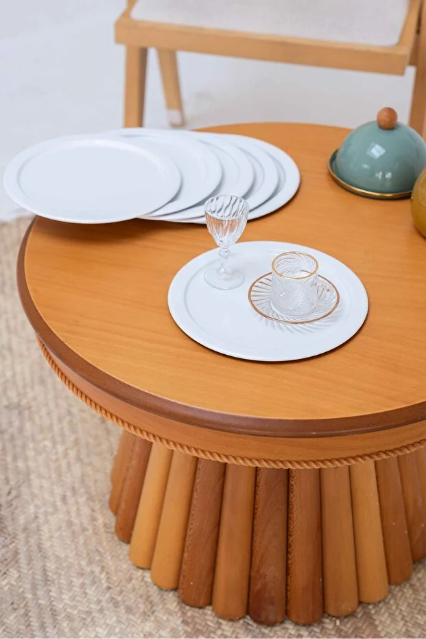 6'Lı Beyaz Yuvarlak Paslanmaz Çelik Kahve, Pasta Dekoratif Servis ve Tepsi Seti