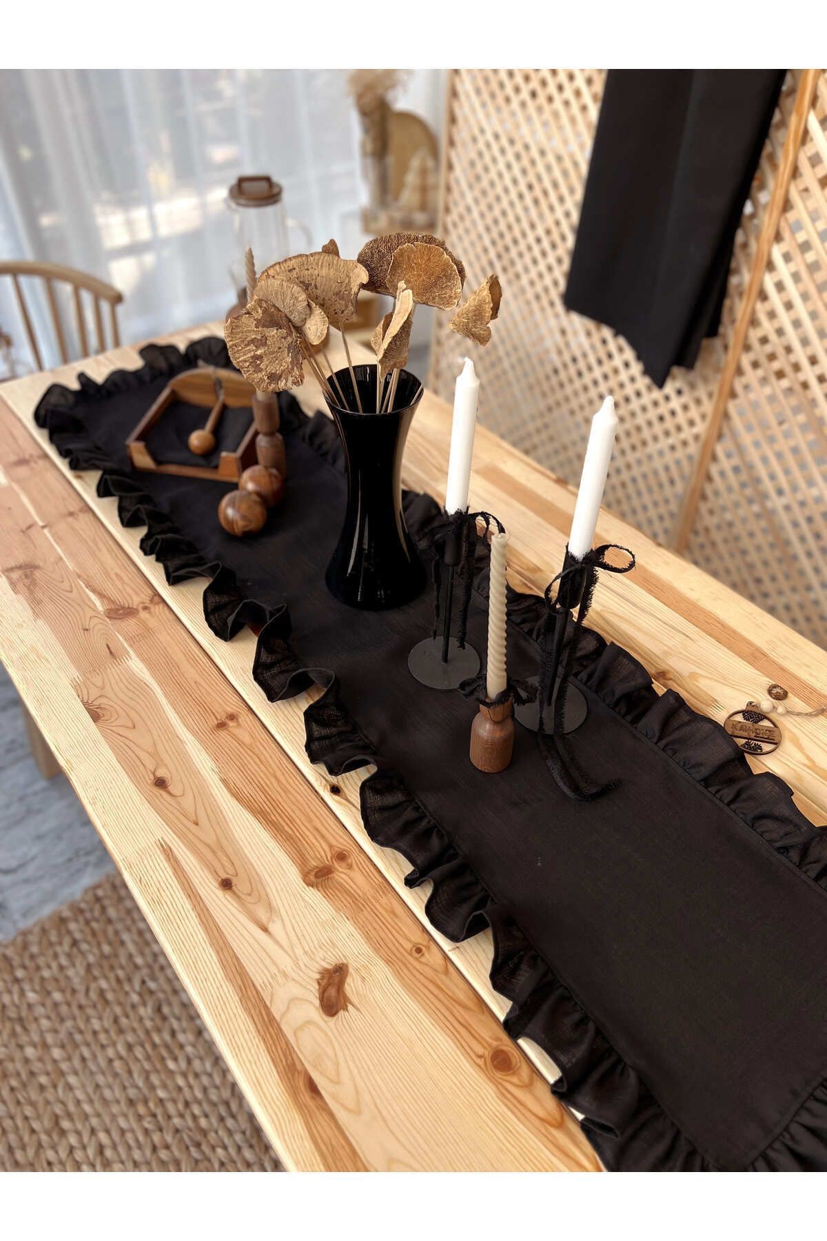 Fırfırlı Siyah %100 Keten Kumaş Runner 50cm X 155cm