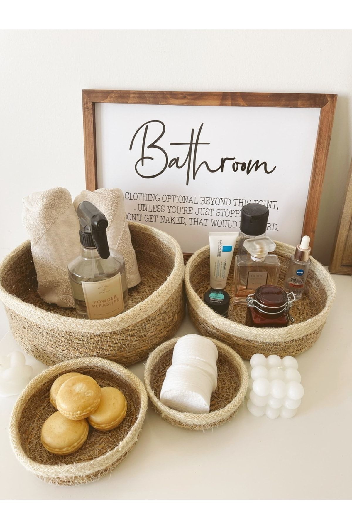 Doğal Hasır Örme 4lü Krem Şeritli Çok Amaçlı Hasır Sepet/banyo Düzenleyici