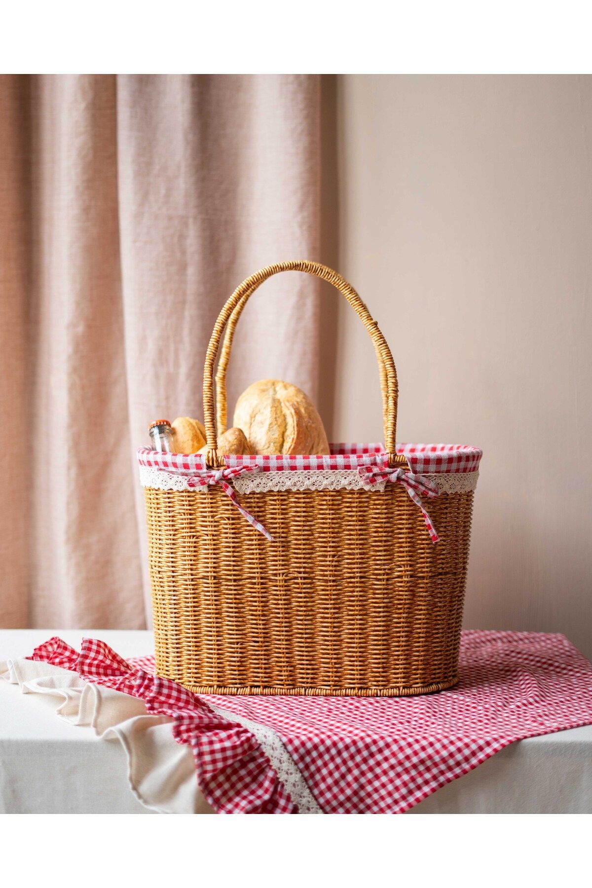 Rattan İç Korumalı Piknik Sepeti / Çanta Açık Renk