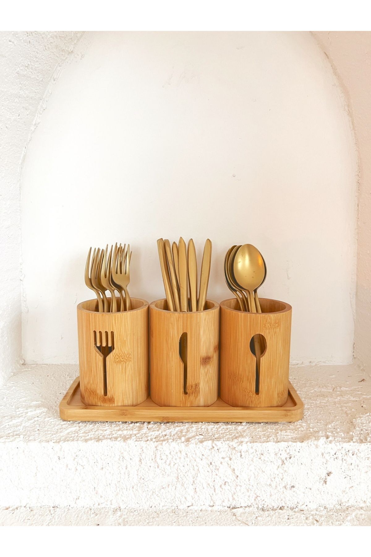 Bambu Altlıklı 3Lü Kaşık/Çatal/Bıçak Düzenleyici