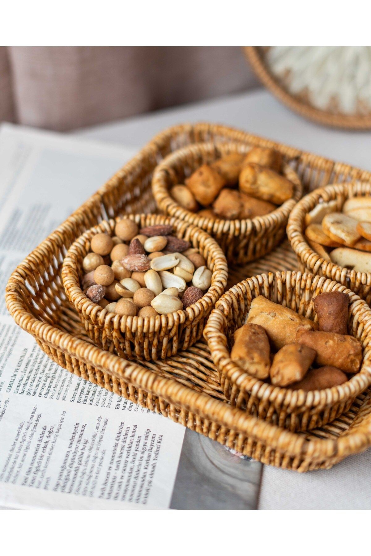 5 Parça Rattan Görünümlü Çerezlik / Sunumluk / Piknik Seti