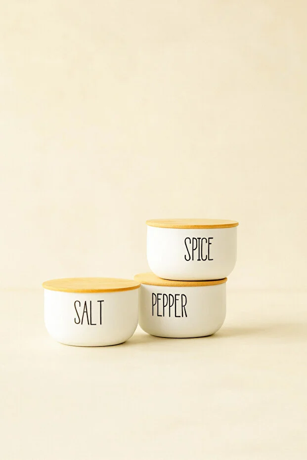 3Lü Cam Bambu Kapaklı Salt/Pepper/Spice Kavanozu