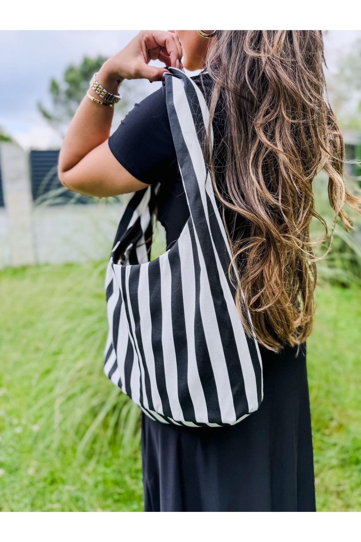 Stripe Bağlama Kulp Çanta / Tote