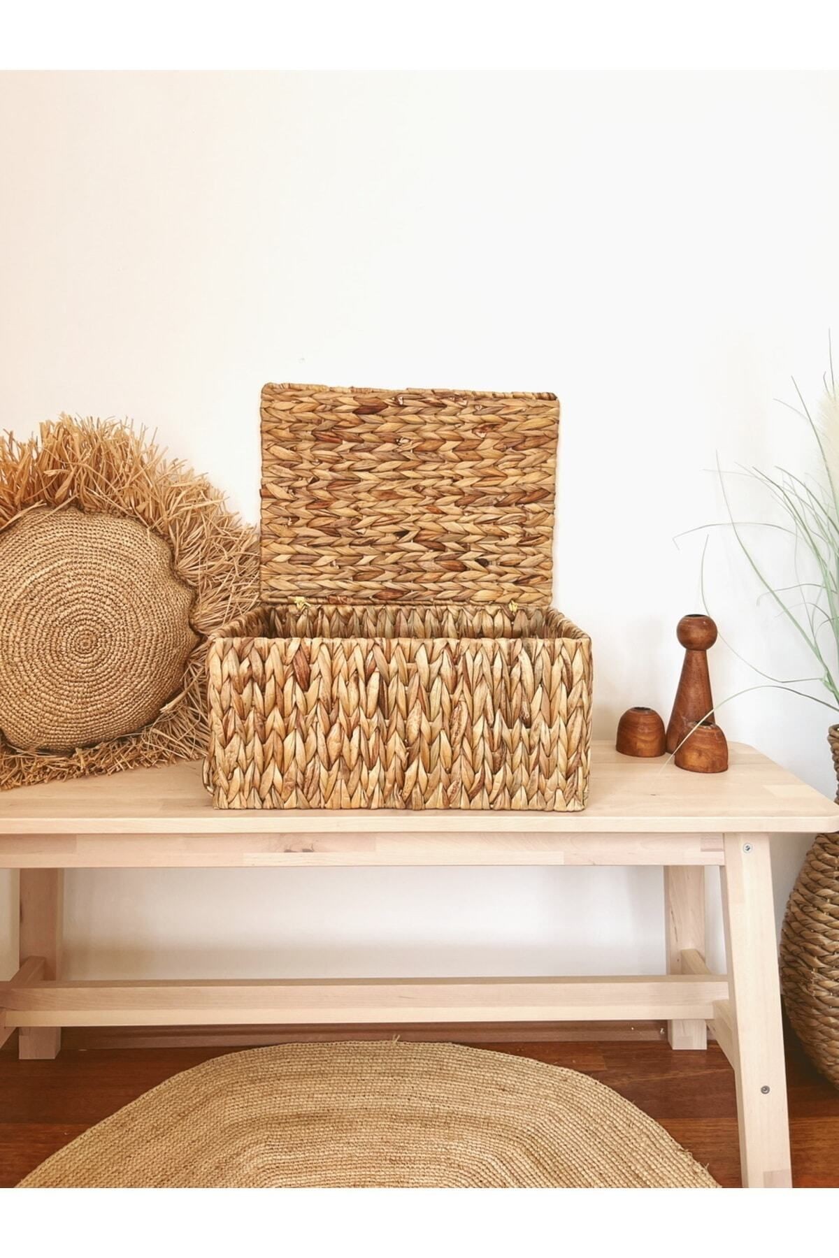 Hasır Su Sümbülü Kapaklı 40x29x19cm Dikdörtgen Düzenleyici/Sepet/Organizer