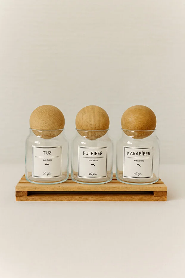 3'Lü Ahşap Top Kapaklı Izgara Standlı Etiketli Baharatlık Seti